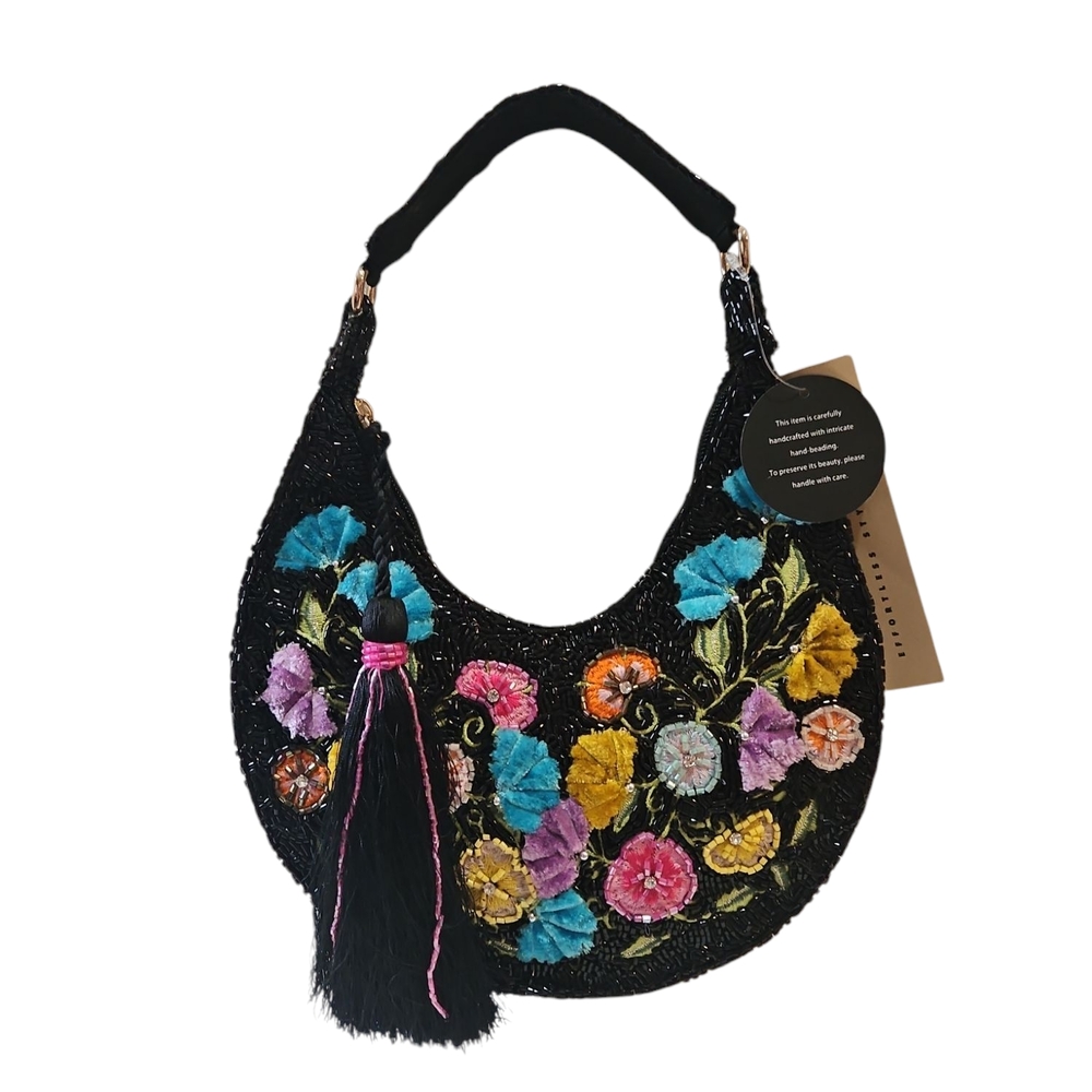 Studio12 Woman Hand Made Floral Embroidered Beaded HalfMoon Tassel Black HandBag